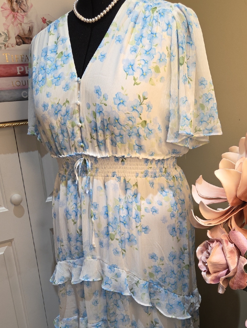 Nwot 2X Tamara H White Maxi Dress with BLUE and Green Floral Print Box 1 - Picture 5 of 17